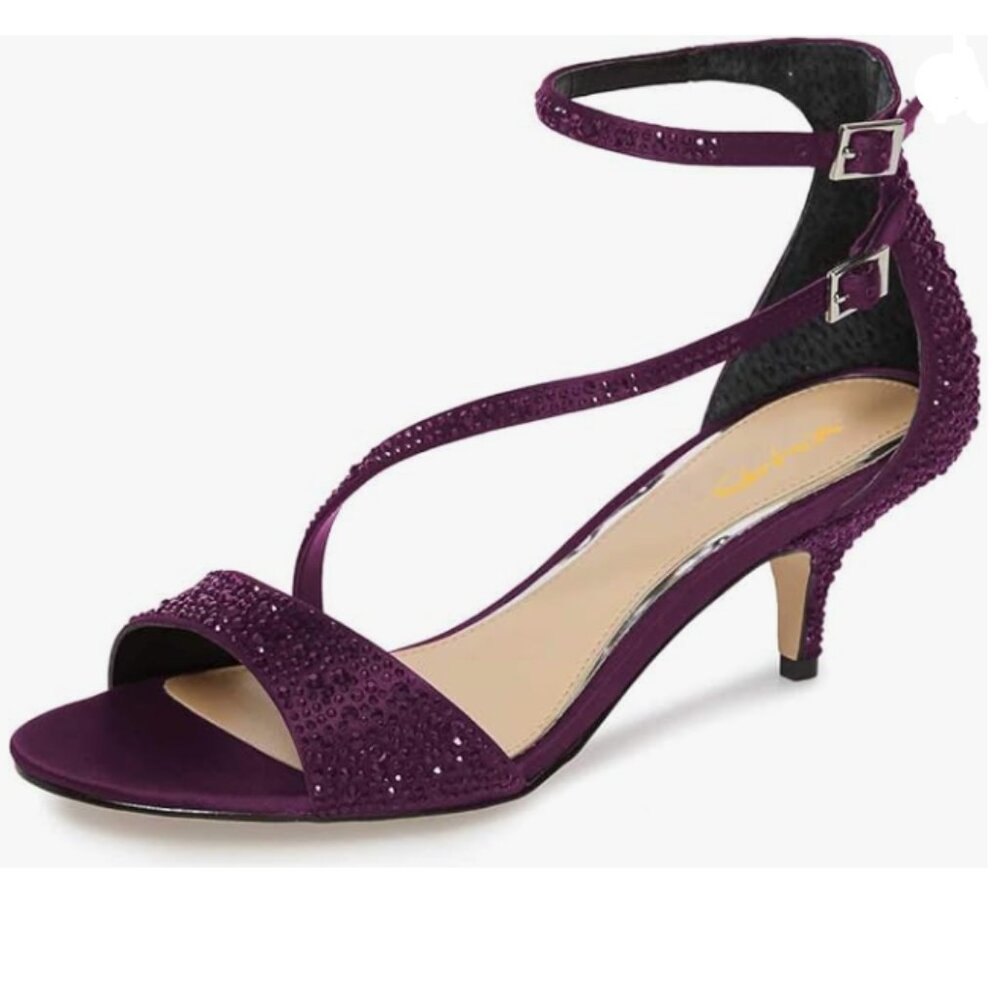 XYD Purple Satin Rhinestone Kitten Heel Sandals Ankle Strap Open Toe Prom Shoes